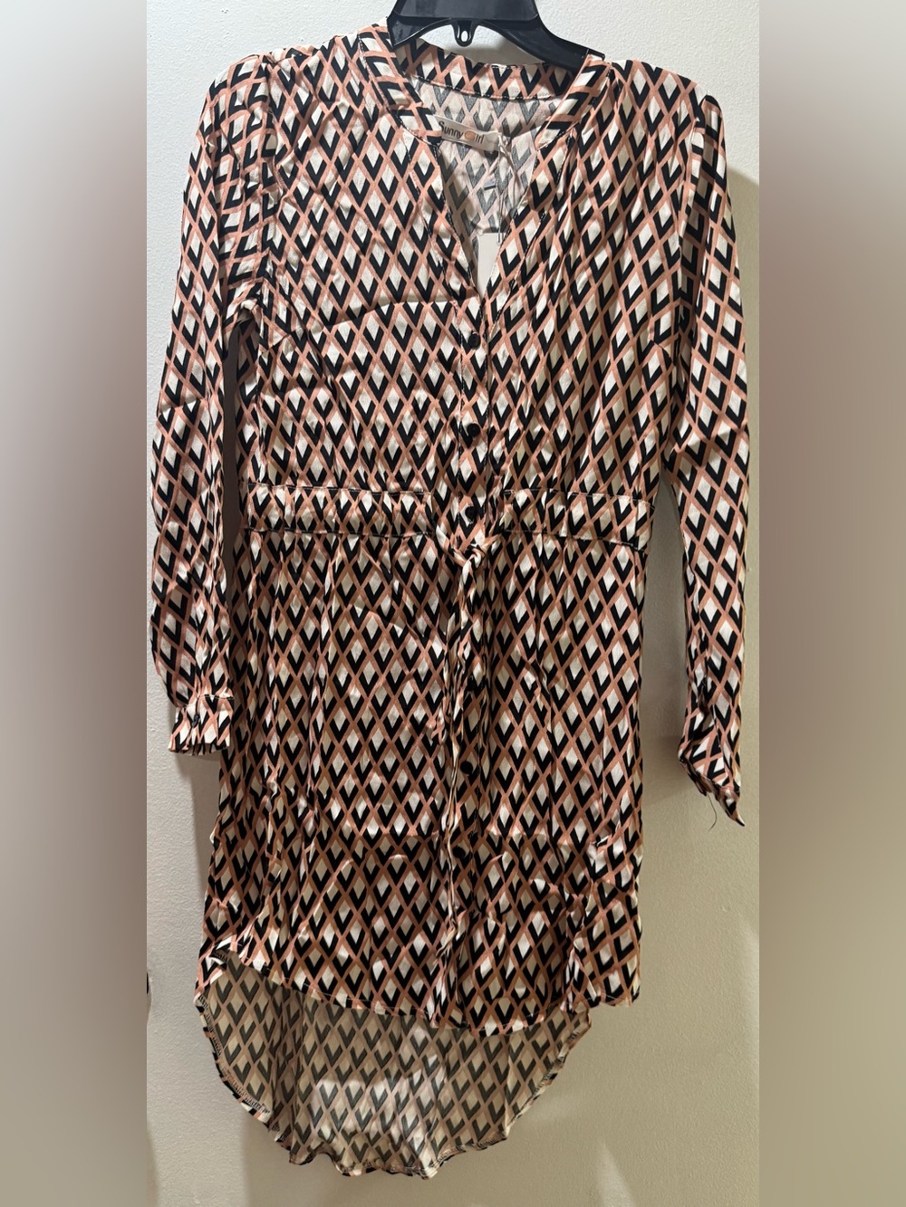 Sunny Girl brown & black geometric print button-up dress with tie waist.